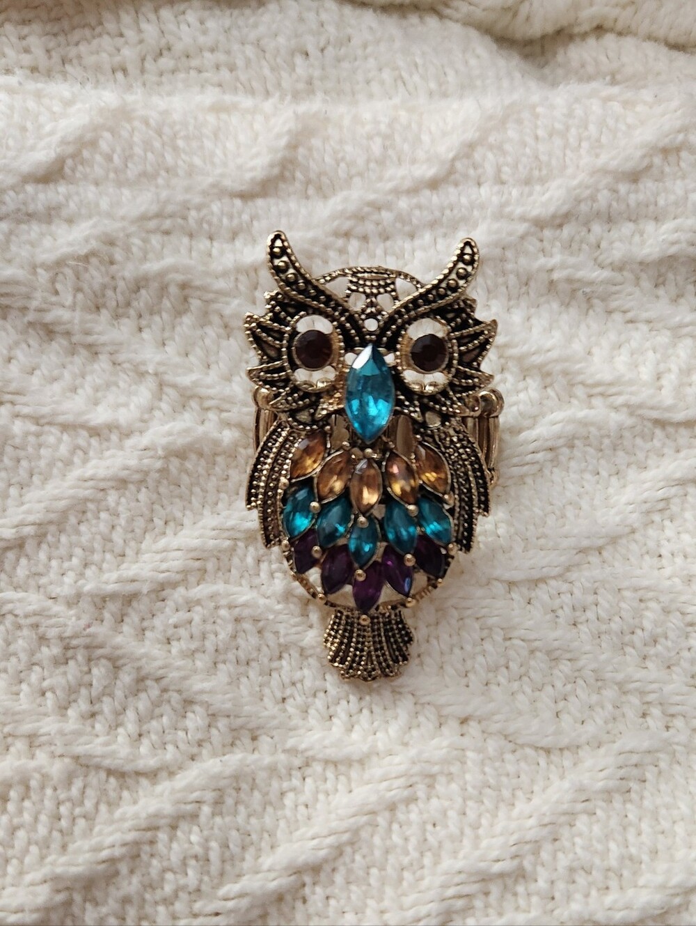 Owl Blue Yellow Purple Rhinestone Stretch Ring